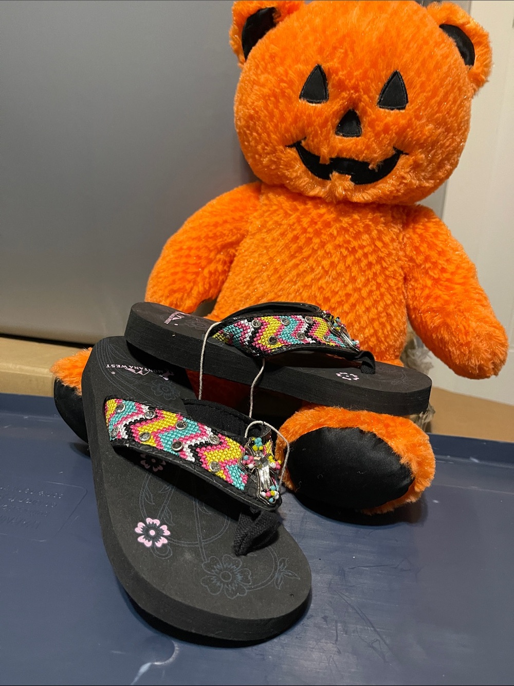 New Montana West Black Flip Flops Multicolor Beaded Straps size SM 12/13